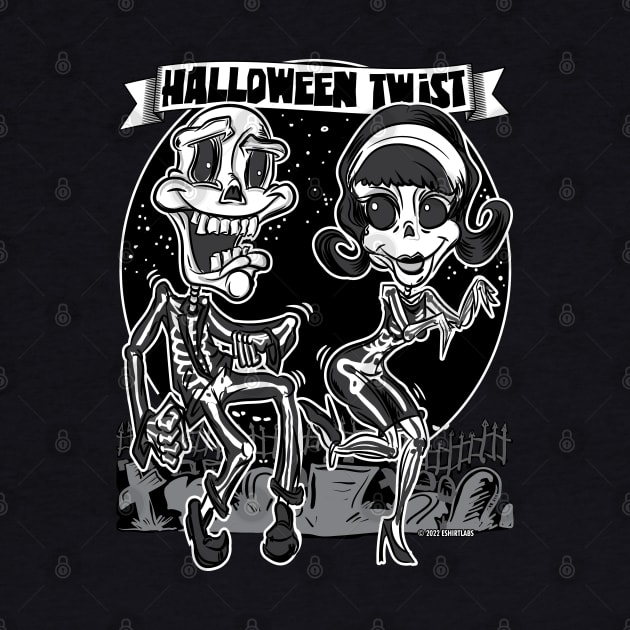 Skeletons dancing the Halloween Twist in the cemetery by eShirtLabs